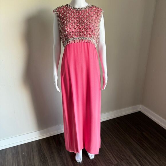 Vintage 60’s Beaded Bodice Gown Maxi Dress With Back Bows - Picture 8 of 13